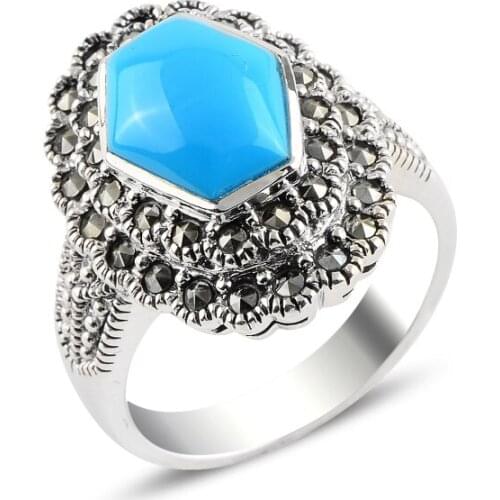 Silver 925 Sterling Turquoise & Marcasite Ring
