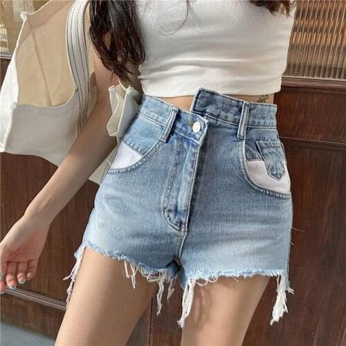 2020 Korean Denim Shorts Women High Waist Jean Shorts Light Blue Spliced Short Pants Women Summer Casual Jeans Pants 2020 K297
