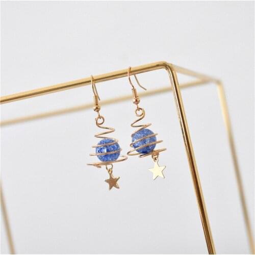 Planet Star Hook Earrings for Women Korean Cute Sweet Short Dangle Earrings Jewelry Gift Blue Twisted Alloy Fashion Gold Color