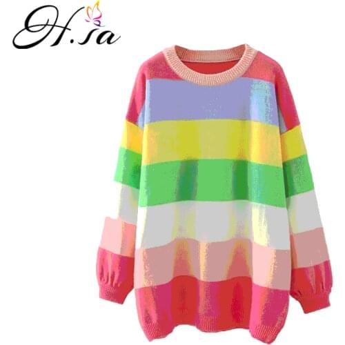 H.SA Women Winter Long Sweaters 2020 Casual Striped Rainbow Pull Sweaters Oneck Chic Streetwear Korean Oversized Pullover Roupa