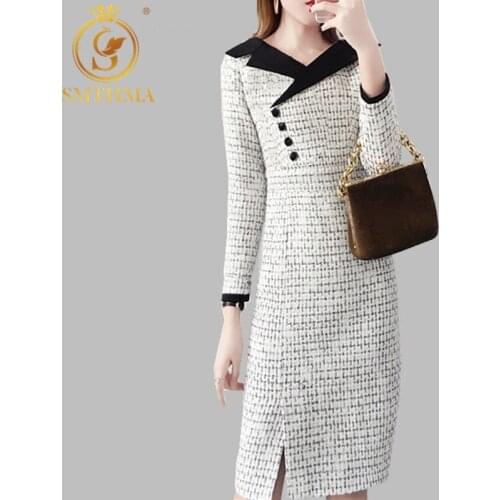 SMTHMA 2021 New Autumn And Winter Tweed Dress Women Vintage Wool Dresses Ladies Elegant V Neck Long Sleeve Woolen Vestidos