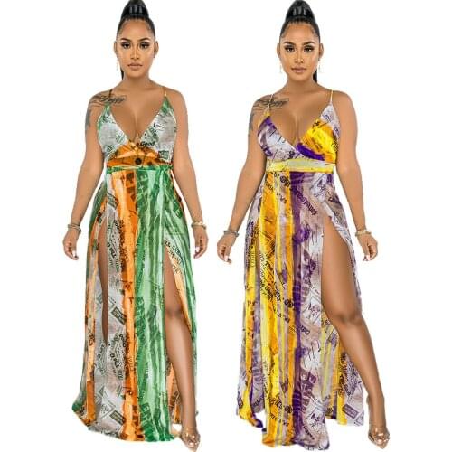Cutubly Sleeveless Maxi Dress Party Club Summer Print Slim Sexy Womens Dresses V-neck Casual High Split Fashion Holiday Dresses