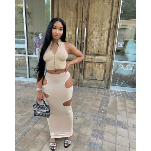 Casual Solid Hollow Out Dress For Women Summer Hipster Sexy Crop Top Skinny Shaped Waist Skirt Streetwear Two Piece Set Clothes