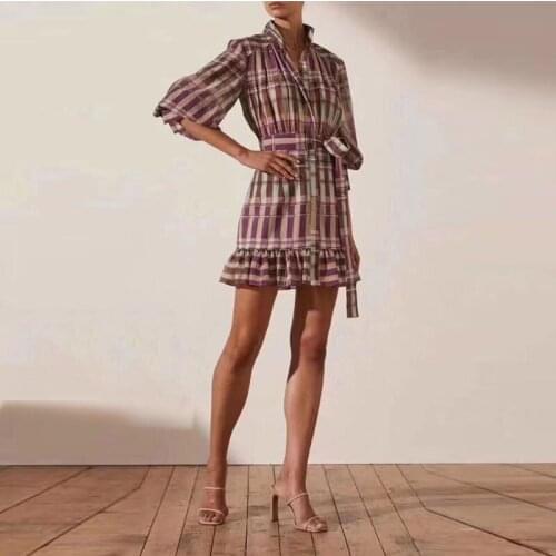 Spring Vintage Dress 2021 Women Clothes Striped Plaid Lantern Sleeve Sashes Elegant Fashionable Vacation Boho Beach Mini Dresses