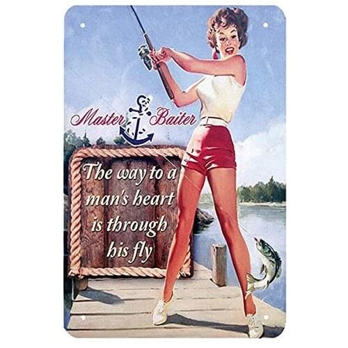 Pinup Girl Tin Signs - Sexy Girls In Fishing on The Wood Bridge Vintage Metal Tin Sign - Wall Decor for Bars, Restaurants, Cafes