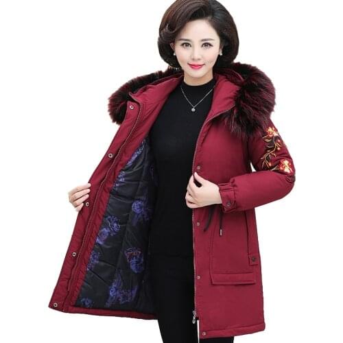 Winter Parkas Middle aged Female Cotton Jacket Plus size Thicken Hooded Coat Women Embroidery Fur collar Warm Down cotton Coats