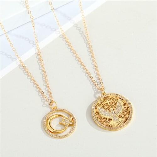 1PC Punk Crystal Hollow Round Cross Eagle Necklace For Women Cute Rhinstone Star Moon Geometric Pendant Choker Chain Jewelry