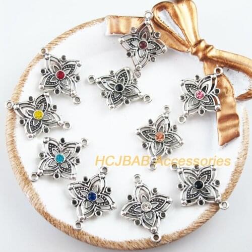 10Pcs Tibetan Silver Tone Retro Clover Mixed Crystal Charms Connectors 21x28mm