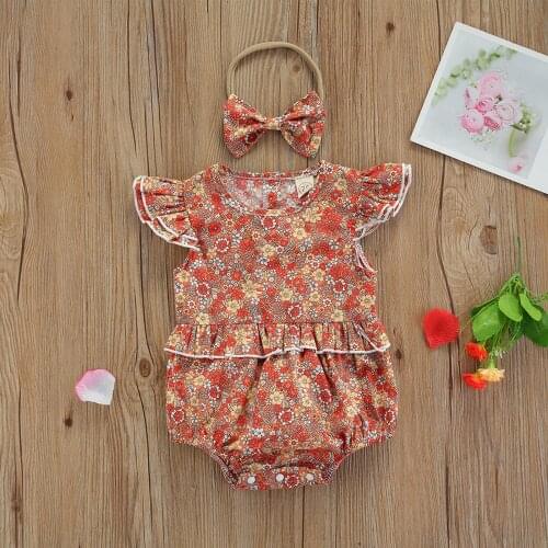 2Pcs Baby Summer Outfit 2021 New Floral O-Neck Ruffle Sleeves Romper + Bow Headband for Toddler Girls, 0-18 Months, 3 Colors