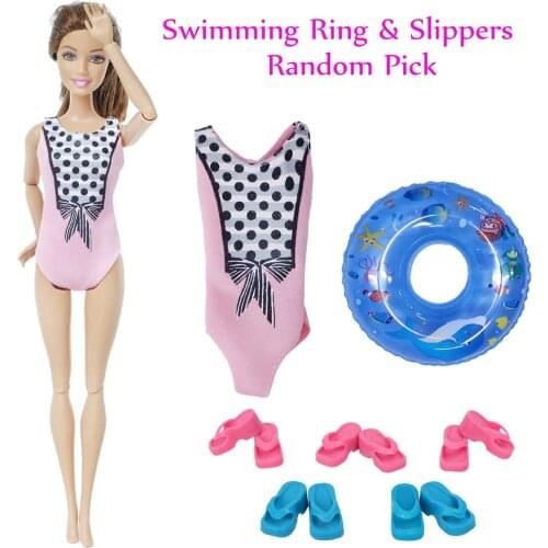 7 Pcs/Set = 1x Doll Swimwear Beach Bathing Suit + 5x Random Slipper Shoes + 1x Random Swimming Ring Accessories for Barbie Doll
