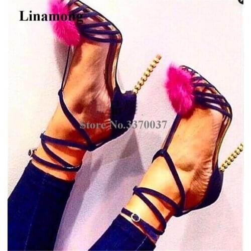 Summer New Fashion Blue Suede Straps Cross Strange heel Fur Sandals Ankle Strap Super High Heel Sandals Formal Dress Shoes