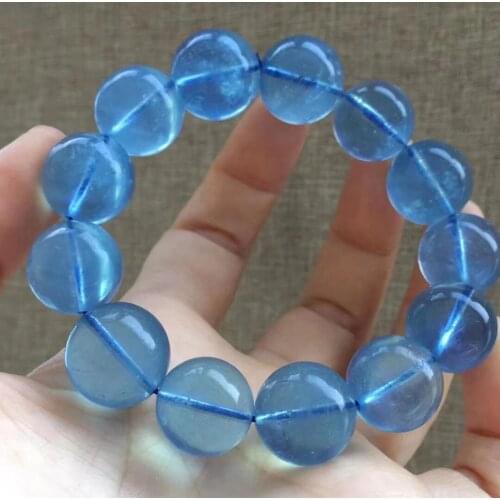 Genuine Natural Blue Aquamarine Quartz Bracelet 16.5mm Clear Round Beads Gemstone Wealthy Stone For Women Men AAAAA