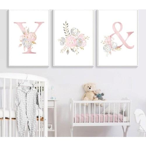 Baby Girl Pink Flowers Canvas Painting Poster Nursery Print Wall Modern Nordic Kid Baby Room Decoratio Letters Wall Art Pictures