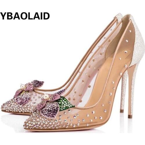 Net Yarn Rhinestone High-heeled Fashion Shoes Pointed Toe Pearl Rhinestone Flowers Stiletto High-heeled Shoes Wedding Shoes