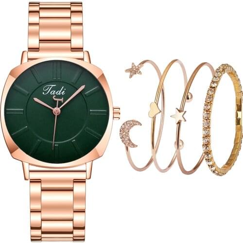 4PCS Set Women Rose Gold Steel Watches Luxury Ladies Quartz Analog Bracelet Wrist Watches Reloj Mujer
