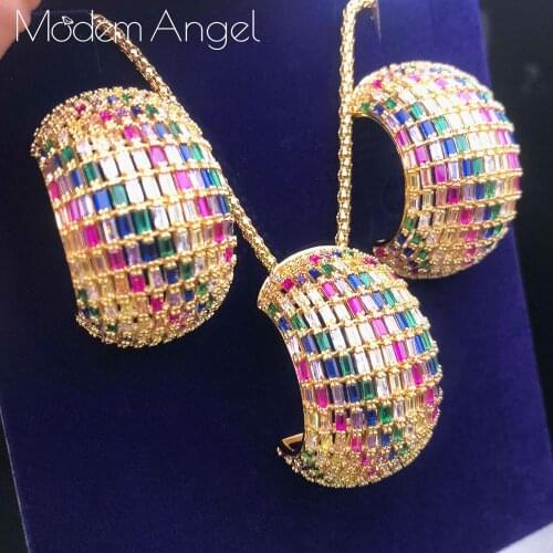 ModemAngel NEW Luxury Brand Super Boom Color Cubic Zirconia Pendant NECKLACE EARRINGS For Dubai Women High Quality Jewelry