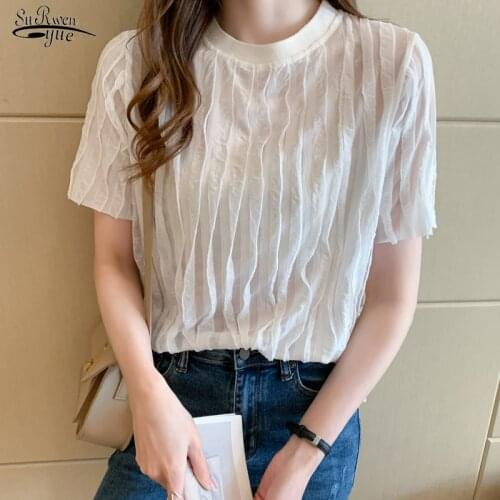 Summer New 2021 Short Sleeve Women Blouse and Tops Casual Loose O Neck Women Shirts Fashion Pleated Female Clothing Blusas 14348