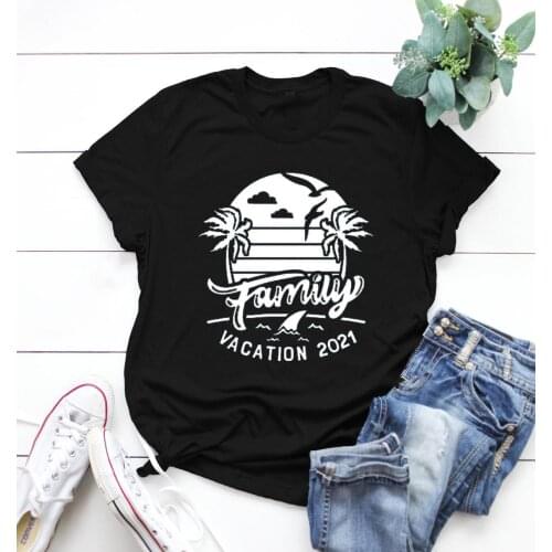 Family Matching T-shirt Vacation 2021 Slogan Woman Shirt Female Loose Shark O-neck Tops Unisex Beach Seagull Holiday Tee