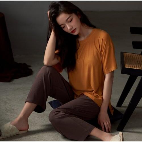 Modal Pajamas Womens Set 2021 Summer Sleepwear Short Sleeve Trousers Nightwear Cool Elastic Home Suit Lounge Wear Nightgown
