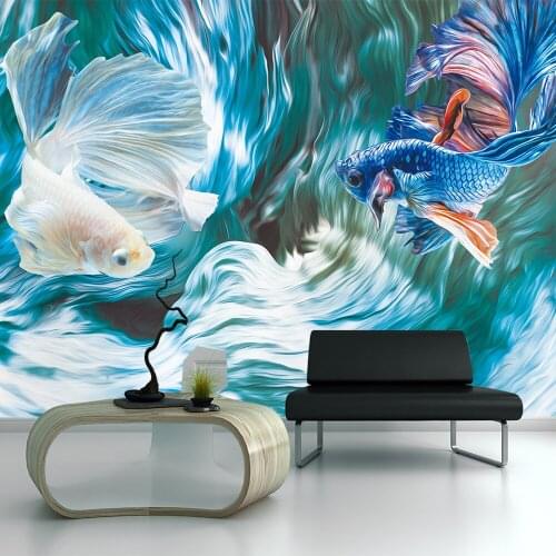 Custom wallpaper 3D creative blue white Siamese fighting fish painting living room wall - healthy silk waterproof material