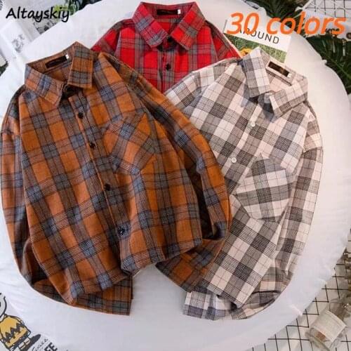 30 Colors Plaid Shirts Women Basic Pocket Korean Style Chic Trendy Popular Leisure Daily Unisex Ulzzang Female Top Spring Autumn