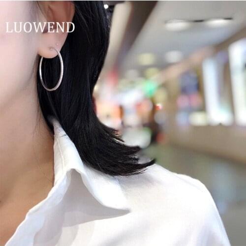 LUOWEND 100% Genuine 18K White Gold AU750 Women Hoop Earrings Real Natural Diamond Earring Fashion Hip Hop Design