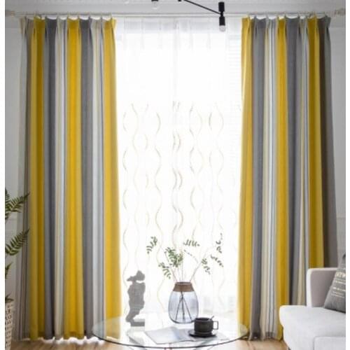 Scandinavian Curtains for Living Dining Room Bedrooms Style Yellow Striped Gray Blackout Curtains Blue Transparent Tulle Blinds