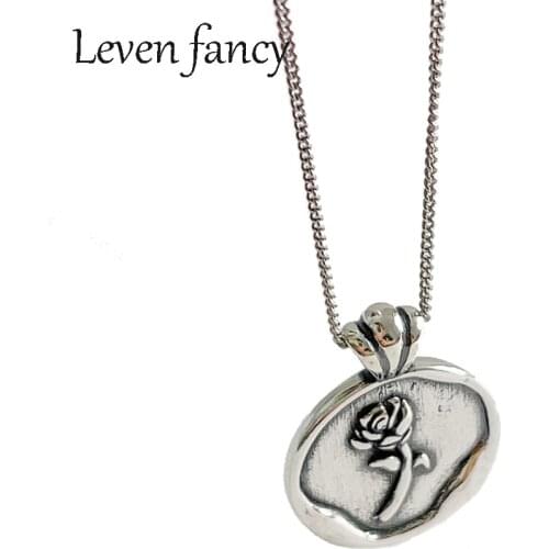 925 Sterling Silver Retro Rose Flower Round Pendant Vintage Handmade Solid Silver Medal Coin Shaped Necklace For Mothers Gifts