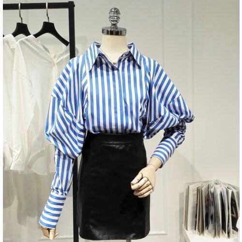Womens Spring Autumn Runway Fashion Long Sleeve Blue Striped Shirt Female High Waist Casual Plus OL Blouse Tees Tops TB1622