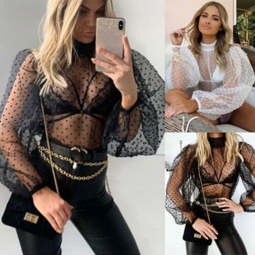 Women Mesh Puff Sleeve Cropped Tops T-Shirt Ladies Sexy Casual Blouse Puff Sleeve See-through Tops Turtle Neck See
