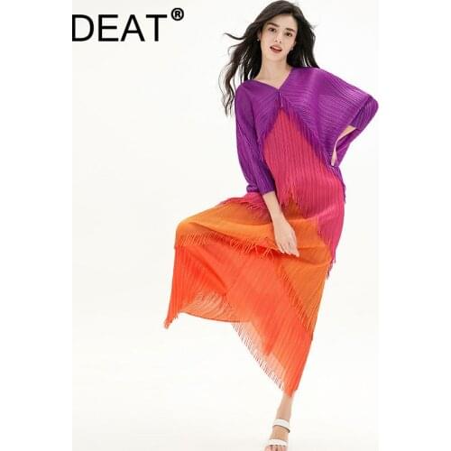 DEAT Woman Midi Pleated Dress Tassel Hit Color Batwing Sleeve V Collar Elastic Wild Casual Style 2021 New Summer Fashion 15XM790