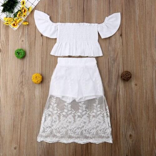 2Pcs Set Toddler Kid Baby Girl Petal White Lace Floral Tops Long Skirt Outfits Set Girls Clothing