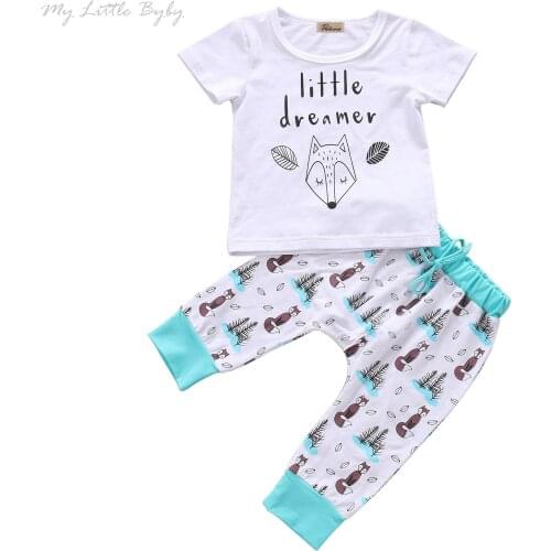 2020 Summer Baby Clothing Newborn Baby Boy Fox Short Sleeve T-shirt Tops Long Pants New Fashion Infant Outfits Clothes 2Pcs Set
