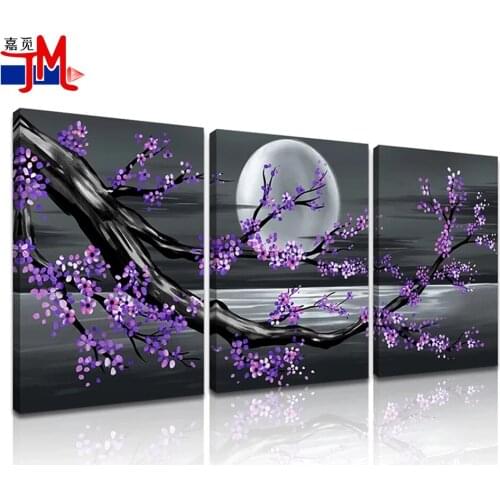 Purple Plum Blossom Seascape 3 pcs Full Square Round Drill 5D DIY Diamond Embroidery Blue Sea Moon Diamond Painting Cross Stitch