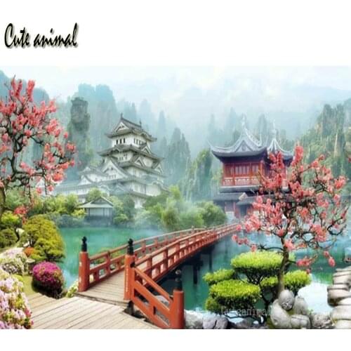 5D DIY Diamond Painting Diamond Embroidery Japan Garden House Lake Scenery Picture of Rhinestone diamond Mosaic decoration gift