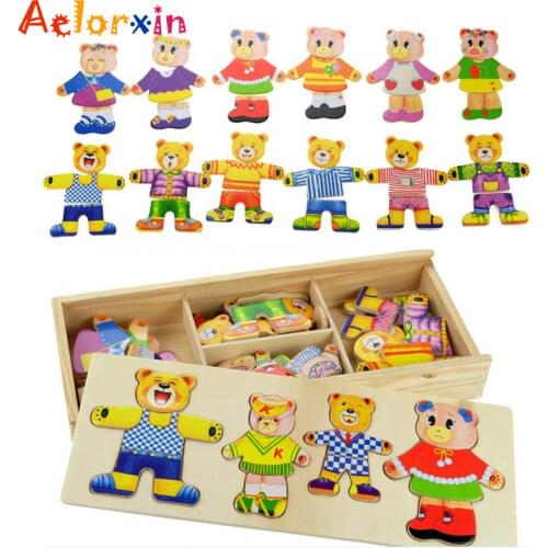 Four Bears Changing Clothes Change Clothes Puzzle Toy Children Animals Wooden Puzzle Jigsaw Baby Educational Toys For Kids Gift
