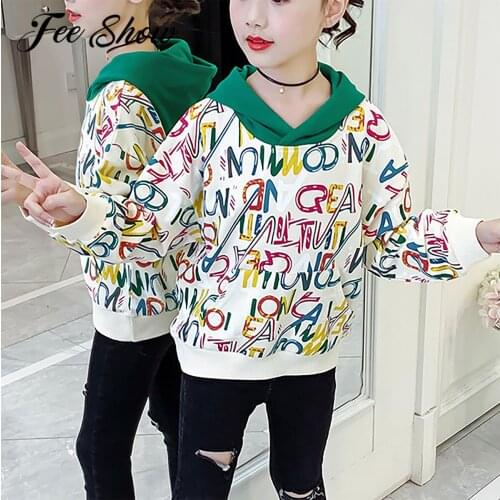 Kids Sweatshirt Hoodies For Girls Spring Autumn Clothing Long Sleeves Colorful Letters Print Hooded Sweatshirt Tops 6-14 Years