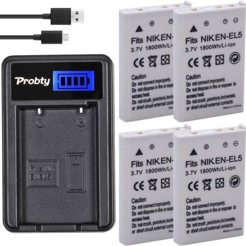 Probty 4Pcs EN-EL5 EN EL5 Battery + LCD USB Charger For Nikon CoolPix P530 P520 P100 P500 P5100 P5000 P6000 P90 P80 P3 P4 camera