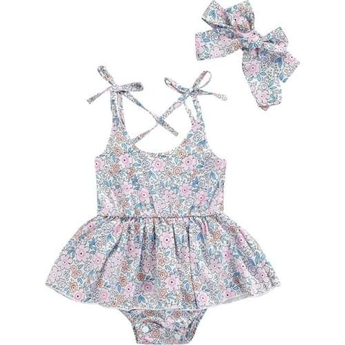Lovely Sumemr Newborn Baby Girls Rompers Headband 2PCS Flowers Printed Sleeveless Belt Rompers Jumpsuits Outfits 0-24M