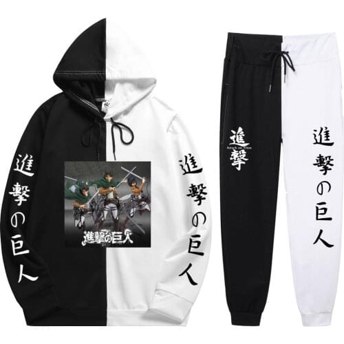 Japan New Summer 2 Pieces Sets Anime Attack on Titan Print Patchwork Thin Hoodie+Patchwork Pants Fashion Senior Sweatshirt