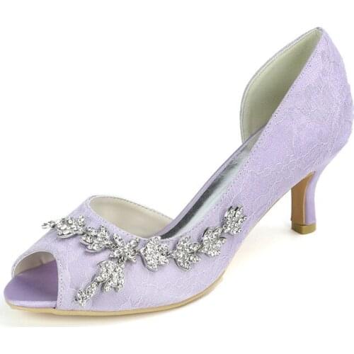 Mid Heels Lace Crystals Wedding Shoes for Bride Peep Toe Slip on Wedding Bridal Party Dress Pumps Shoes Heels Women