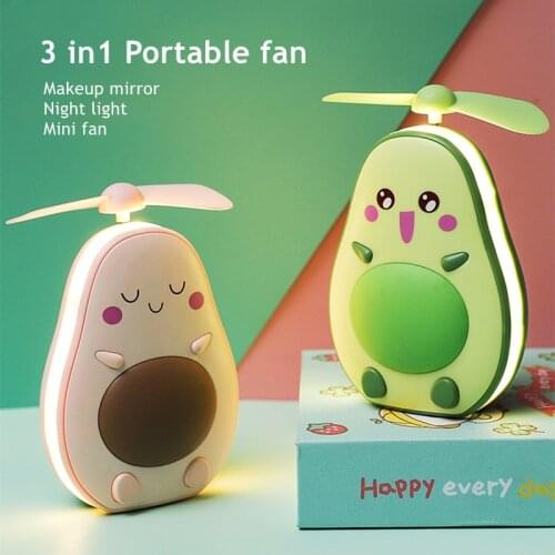 Mini USB Charging Multifunctional Led Makeup Mirror Fan 3 In 1 Integrated Cute Avocado Fan Practical Portable Handheld Fan