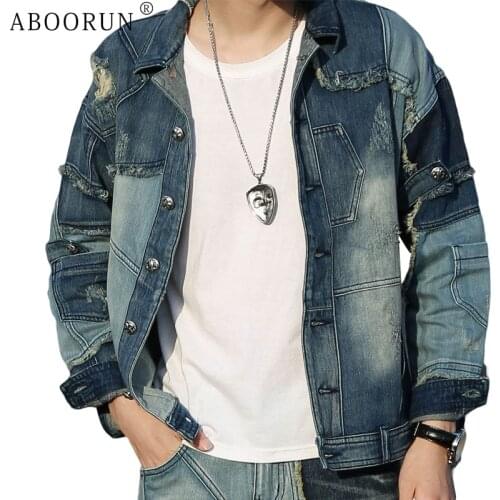 ABOORUN Full Patches Designs Tassel Denim Jackets Mens Vintage Ripped Hole Slim Jean Coat Trendy Streetwear Coat