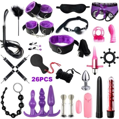 17/20/26/28/32/35pcs BDSM Bondage Restraint Kit Bullet Vibrator Handcuff Whip Mouth Gag Anal Bead Butt Plug Adult Game Props