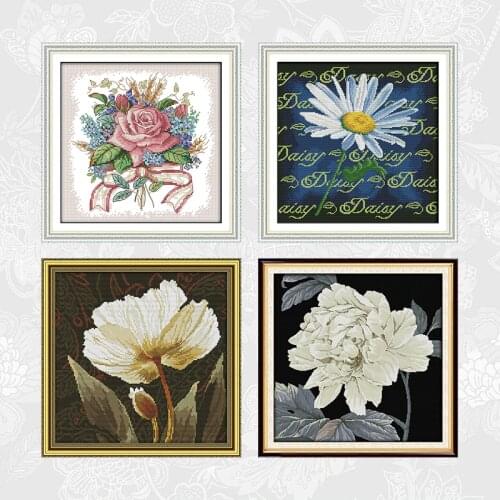 A bunch of flowers Counted Fabric Cross-stitch kits, Printed Canvas Embroidery Needlework Set, White poppies Home Decoration