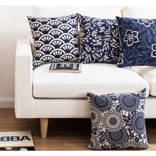 Chinese style Home Decorative Linen Cushion Cover Blue classic Flowers elegant Pattern Pillow Case Sofa Chair Waist Pillow cover