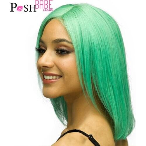 Green Human Hair Lace Front Wigs Short Blunt Cut Bob Wig T Part Lace Wig 180% Density Brazilian Remy Human Hair Wigs For Women