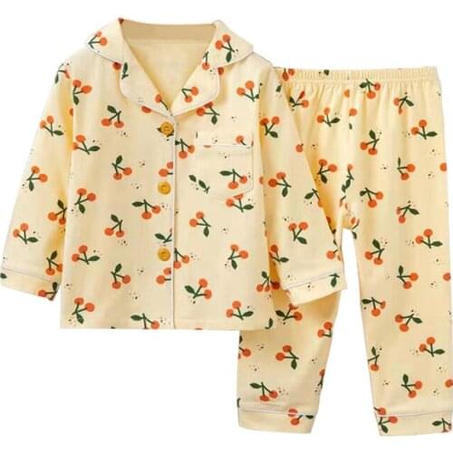 TUONXYE New Summer Boys Long sleeves Pajamas Girls Set Cherry Pyjama Cotton Kids Pijama Children Sleepwear