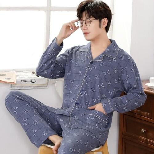 Plus Size M-4XL Full Cotton Pajama Sets for Men Geometric Print Winter Long Sleeve Cardigan Pyjama Homewear Loungewear Clothes