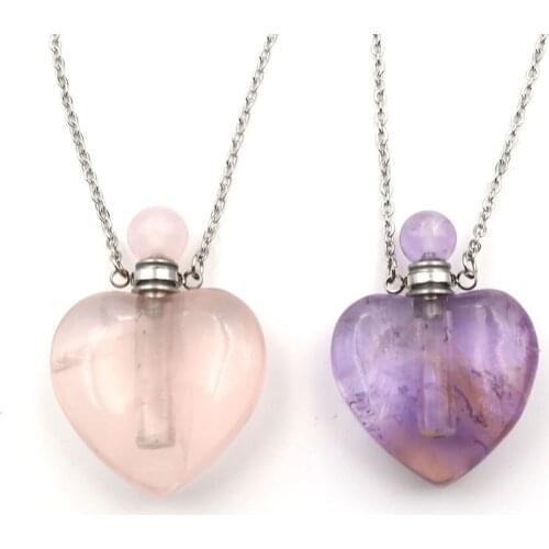 XSM Heart-shaped Scent-bottle Pendant Necklaces Natural Amethysts Crystal Stone Essential Oil Perfume Bottle Diffuser Jewelry
